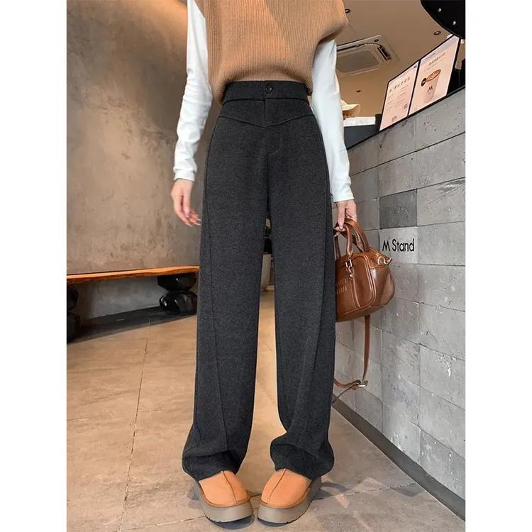 灰色香蕉裤女秋冬加厚毛呢窄版直筒阔腿裤子高腰休闲垂感弯镰刀裤