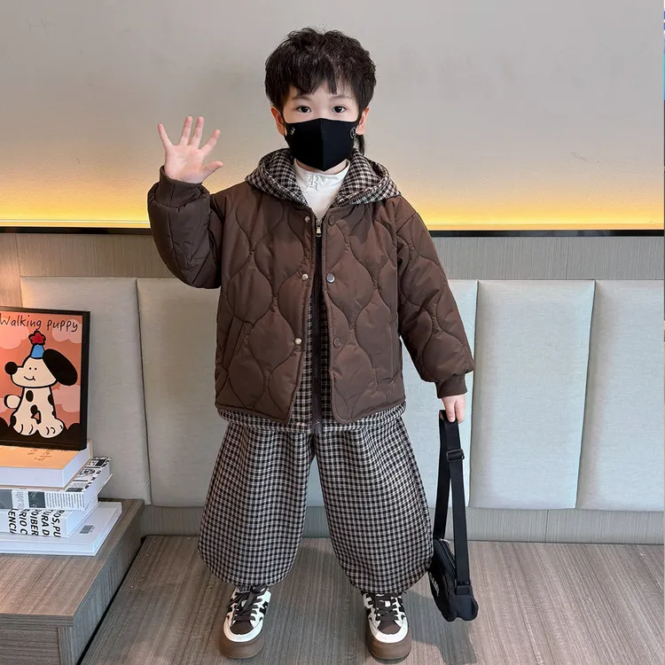 男童夹棉套装冬季2025新款冬装男宝两件套痞帅炸街儿童假两件棉服