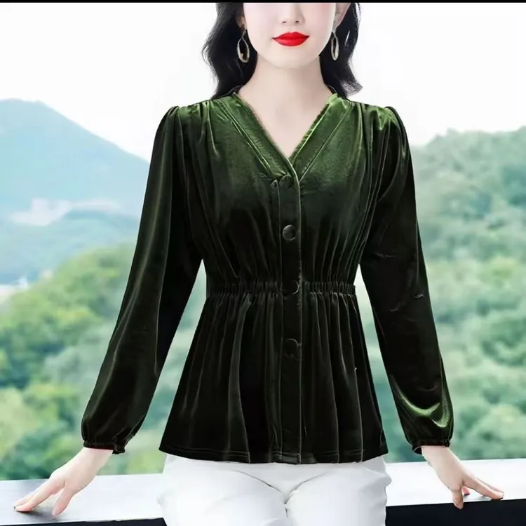 【素雅】显瘦丝绒打底衫收腰妈妈装纯色气质小衫洋气遮肚子上衣女