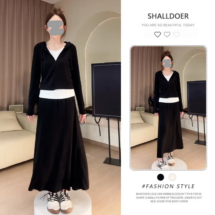 法式温柔时尚套装女2026春秋新款假两件连帽长袖t恤半身裙两件套