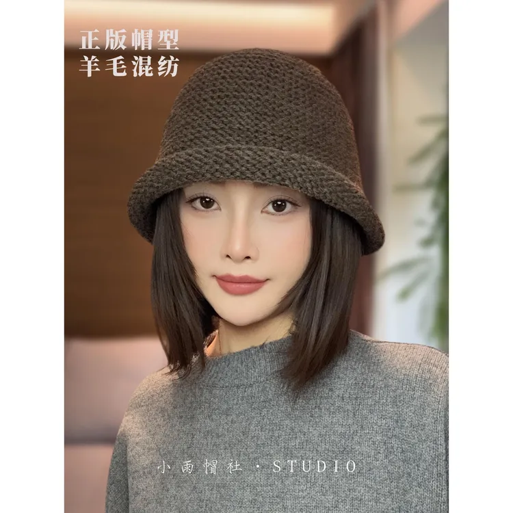出口韩国粗针织卷边渔夫帽女秋冬季羊毛混纺大头围毛线帽保暖护耳