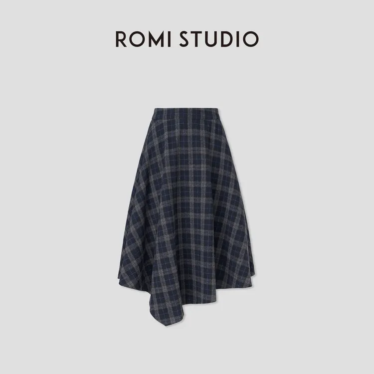 ROMI STUDIO“经典复古”绵羊毛混纺不规则磨毛格纹A字半裙431X6102