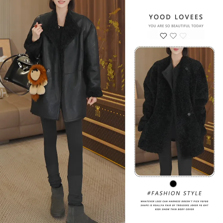 韩系时尚休闲双面穿外套女冬加绒加厚保暖皮毛一体中长款毛毛上衣