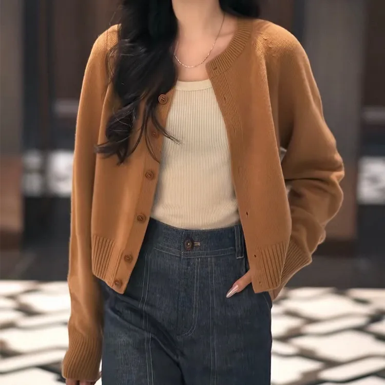 100%羊毛针织开衫女小个子短款厚毛衣外套秋冬宽松显瘦羊绒衫上衣