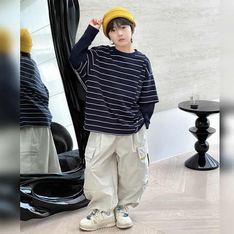 男童t恤长袖春秋款2025新款中大童宽松条纹内搭重磅打底衫TXW3021
