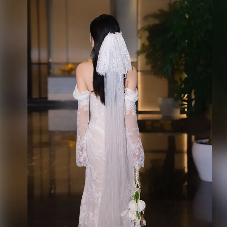 非金属布艺婚庆饰品 新娘婚礼长款双层仙美蕾丝优雅头纱MC3102