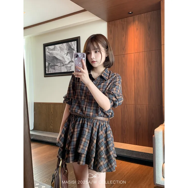 马西西大码女装韩系收腰格子衬衫连衣裙冬季胖mm收腰显瘦短款裙子
