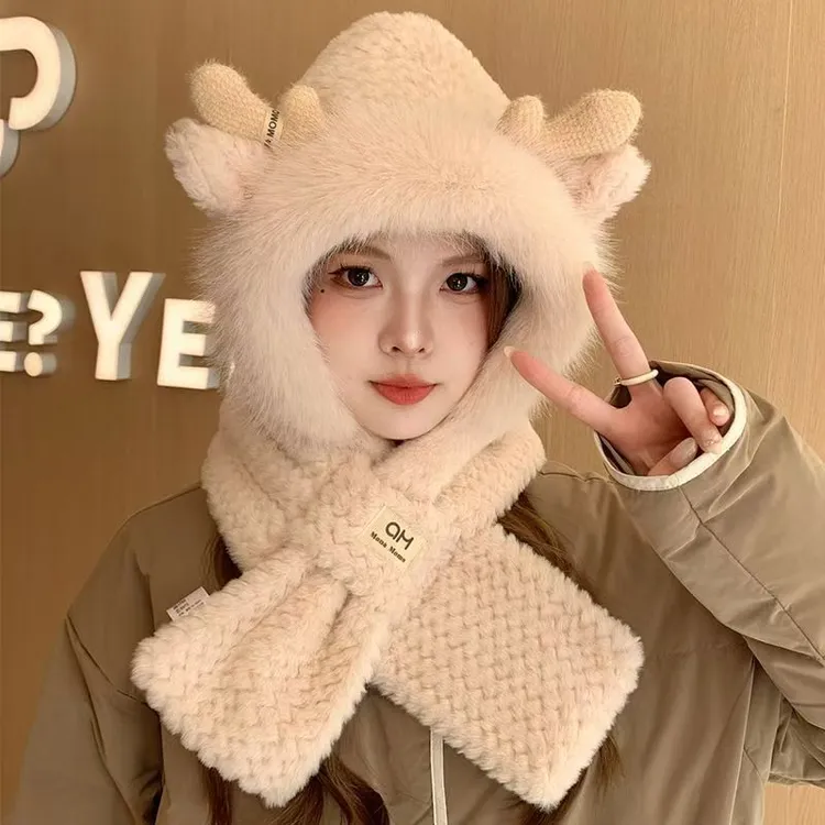 冬季保暖帽围巾一体加厚保暖围脖骑车防寒冬季护耳毛绒保暖帽