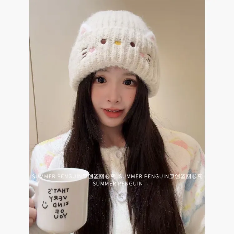 SUMMER PENGUIN可爱小猫咪针织帽子女款秋冬保暖毛线帽显脸小冷帽