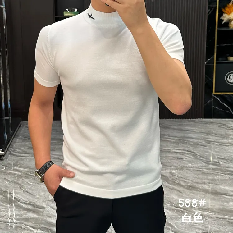 2025简约轻奢高级感纯色系半高领刺绣修身男士针织短袖588