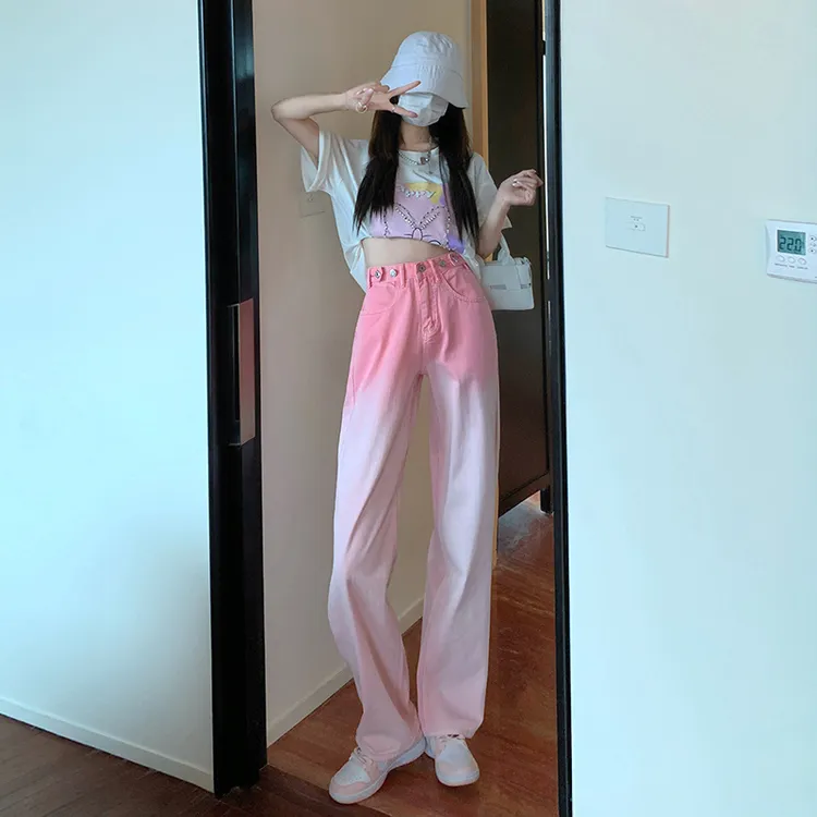 渐变粉色阔腿拖地软牛仔裤女夏炸街高腰显瘦直筒少女显瘦风休闲裤