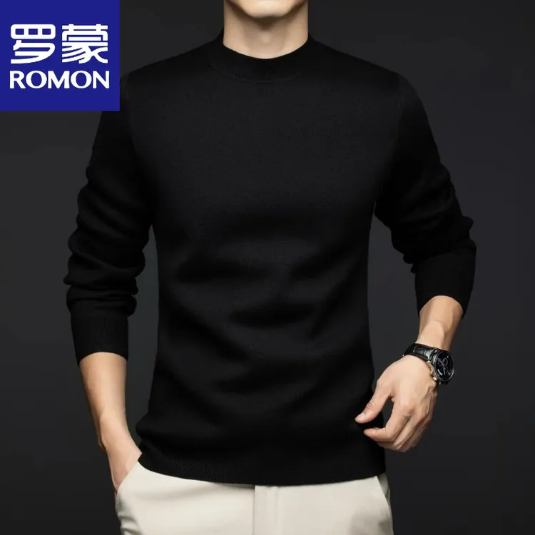 罗蒙【重磅加厚】男士羊毛衫半高领100%精纺羊毛针织衫超细纱线机洗
