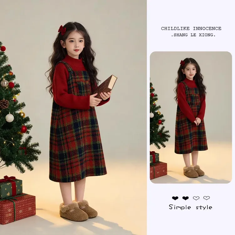 女童连衣裙冬高级感红色格子背带裙2025新款圣诞新年衣服冬装女孩