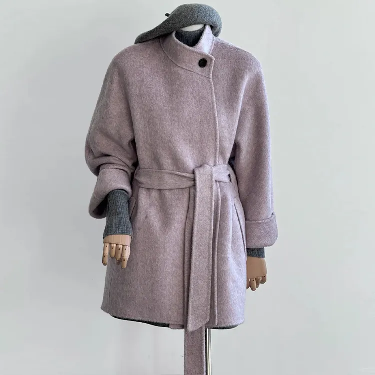 紫色2025秋冬新款双面羊毛大衣女短款小个子时尚双面绒厚毛呢外套