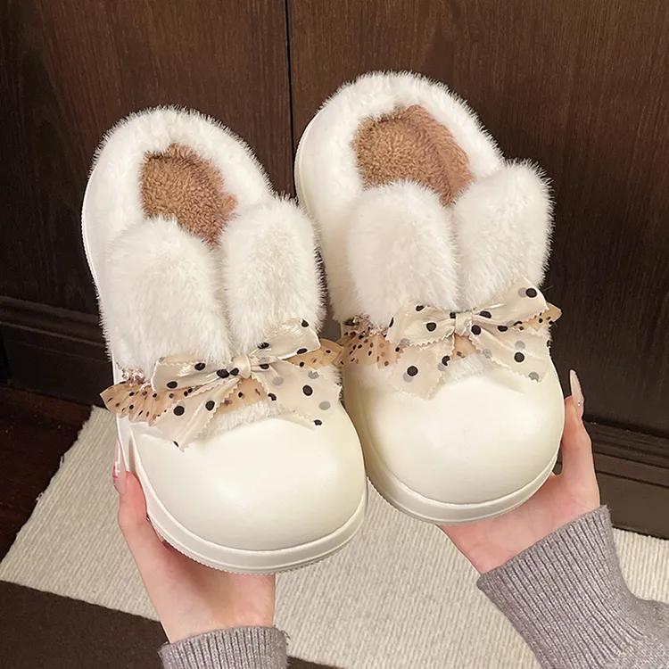女士冬季踩屎感厚底防滑毛绒保暖蝴蝶结居家外穿网红包头棉拖鞋
