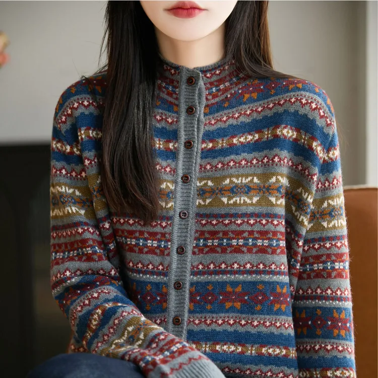 品牌撤柜正品长袖复古提花条纹针织开衫高领时尚休闲宽松羊毛衫女