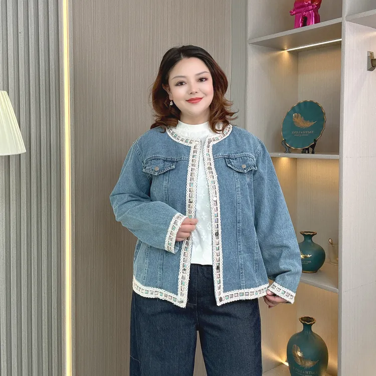 小香风蕾丝拼接牛仔外套女春秋2025新款大码宽松气质显瘦夹克上衣