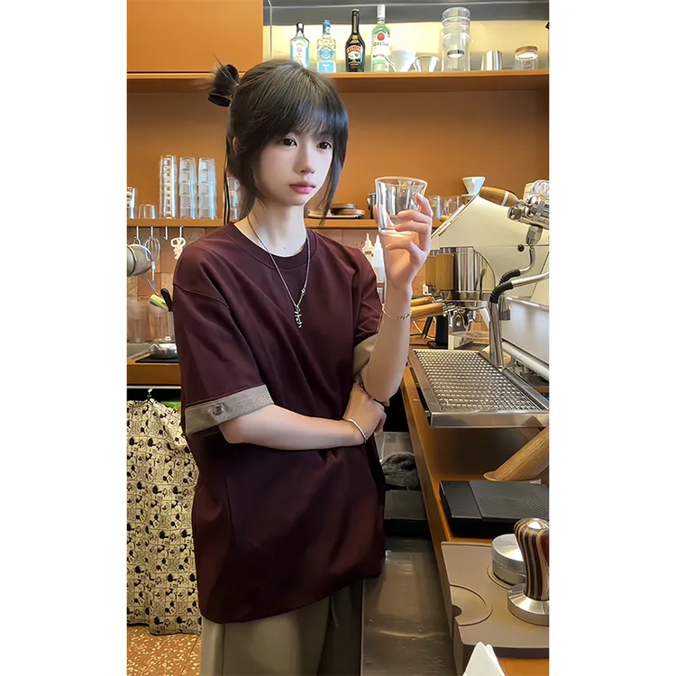 酒红色假两件卷边t恤男款夏季美式复古重磅短袖宽松休闲情侣半袖