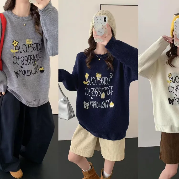 【鞋爱】8865字母小黄花加厚款毛衣打底韩版