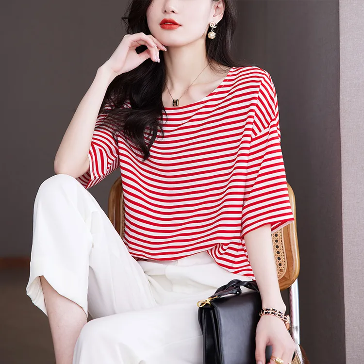 广州十三行女装2025新款大码爆款高端夏时尚条纹半袖洋气宽松上衣