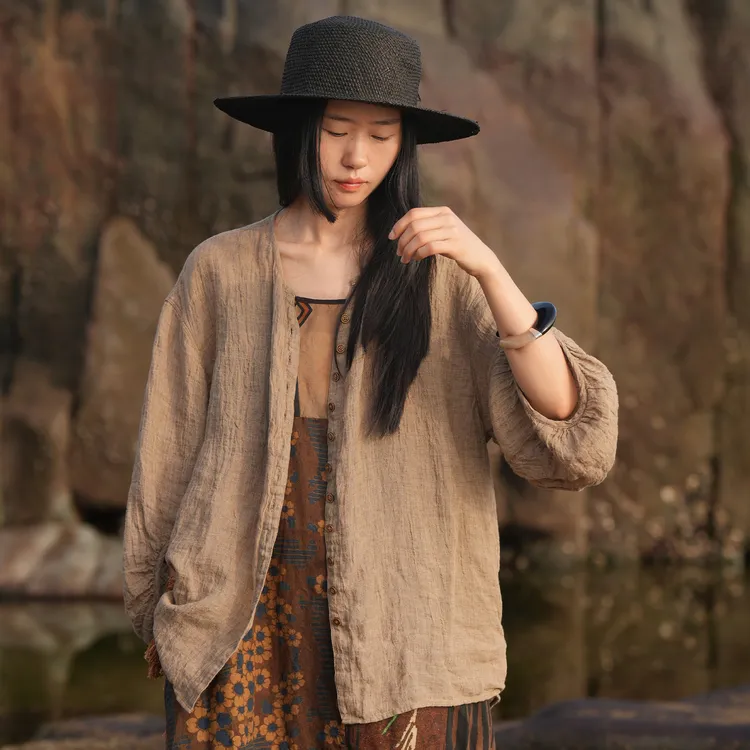 几见 原创设计夏季百分亚麻衬衫防晒衣透气排扣复古文艺范W52107