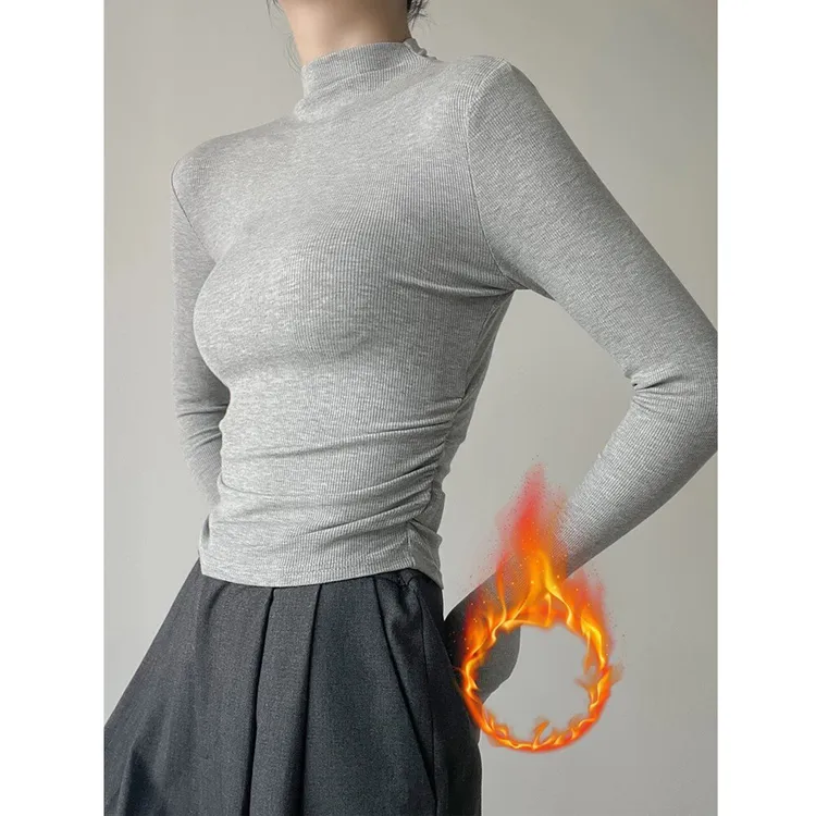 秋冬季半高领打底衫长袖t恤女正肩磨毛薄绒褶皱修身卡腰立领上衣