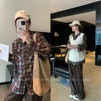 大婉酱微胖定制韩系时尚舒适百搭格子衬衫秋冬叠穿显瘦上衣2002D 