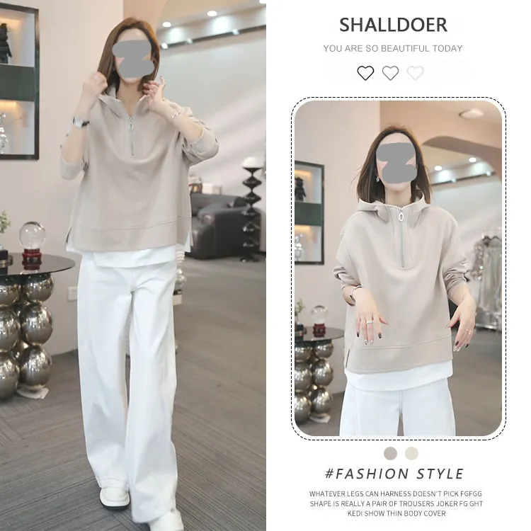 韩系松驰感假两件长袖卫衣女2026春秋新款时尚显示连帽打底衫上衣