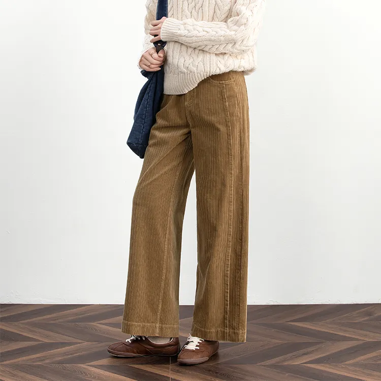 复古棕色灯芯绒阔腿裤女2025秋冬条绒女裤加厚休闲裤窄版直筒裤子