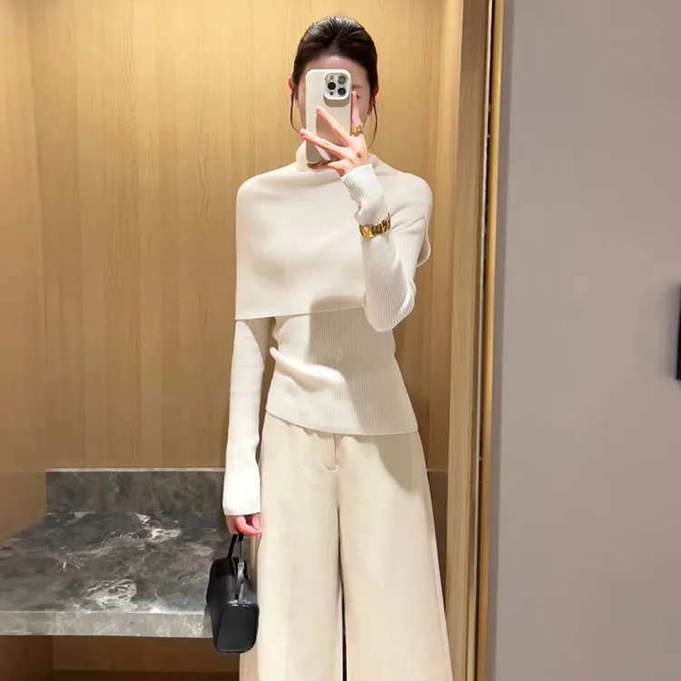 韩系高级感时尚气质高领披肩打底衫上衣两件套2025秋季流行针织衫