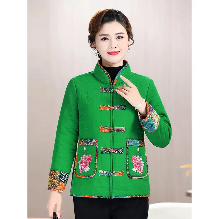 女民族风盘扣加绒加厚小棉衣中老年冬装绣花唐装棉袄立领保暖棉服