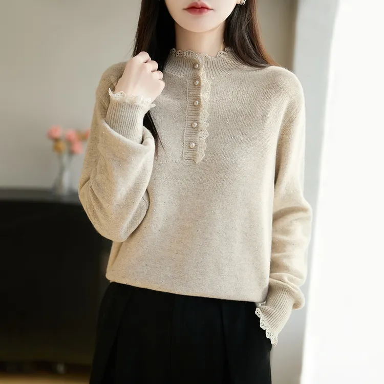 淑女风蕾丝边半高领洋气针织衫女打底毛衣百搭保暖软糯亮片内搭上