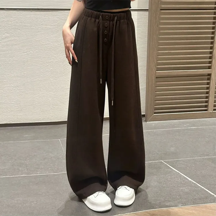 【现货秒发】磨毛加厚阔腿裤女秋冬宽松高腰垂感休闲直筒抽绳长裤