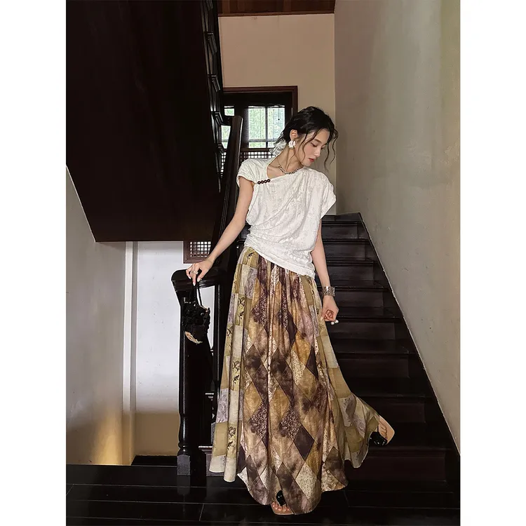 三吉黑花【夏野】高渗透天丝彩格花苞半裙女2025新款今年流行爆款