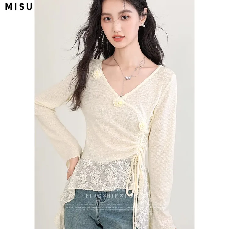 MISU温柔气质蕾丝拼接长袖T恤女2025春季新款不规则抽褶修身气质