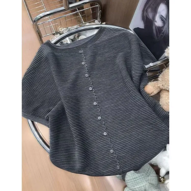 丽丽家~花边灰圆领条纹薄款短袖针织衫上衣
