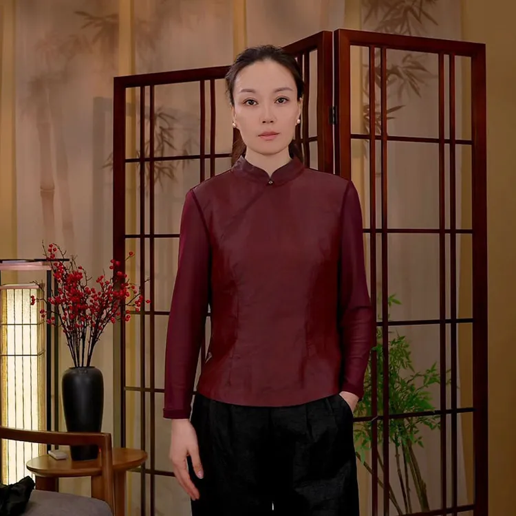 【阿邦香云纱】100%桑蚕丝半高领上衣休闲女装新中式立领长袖打底衫