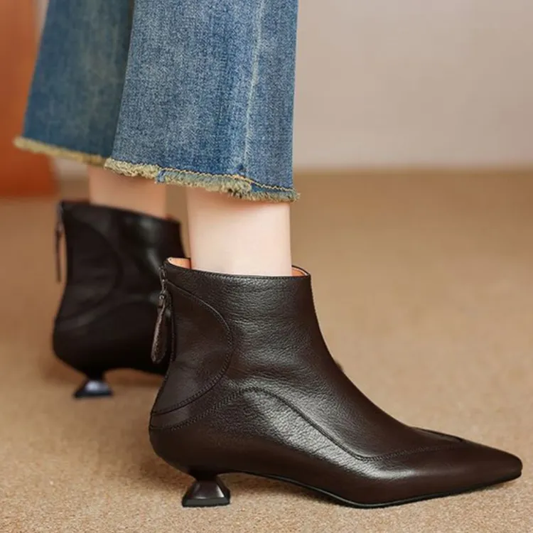 法式尖头细跟瘦瘦短靴女2025秋冬新款后拉链低跟加绒显瘦及踝棉靴