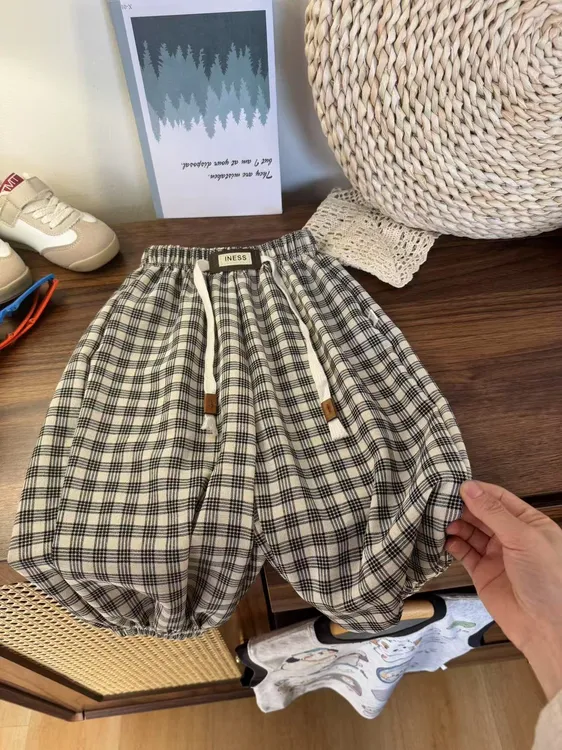 夏季新款格子冰丝麻防蚊裤儿童宽松洋气透气薄款男女宝束脚灯笼裤