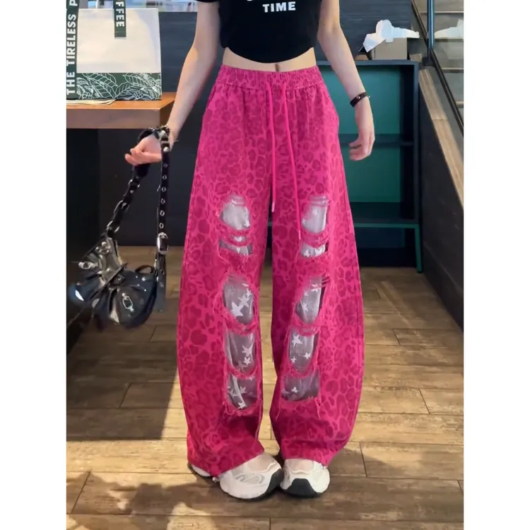 夏季薄款破洞牛仔裤女宽松蕾丝豹纹休闲裤美式复古扎染阔腿裤跳舞