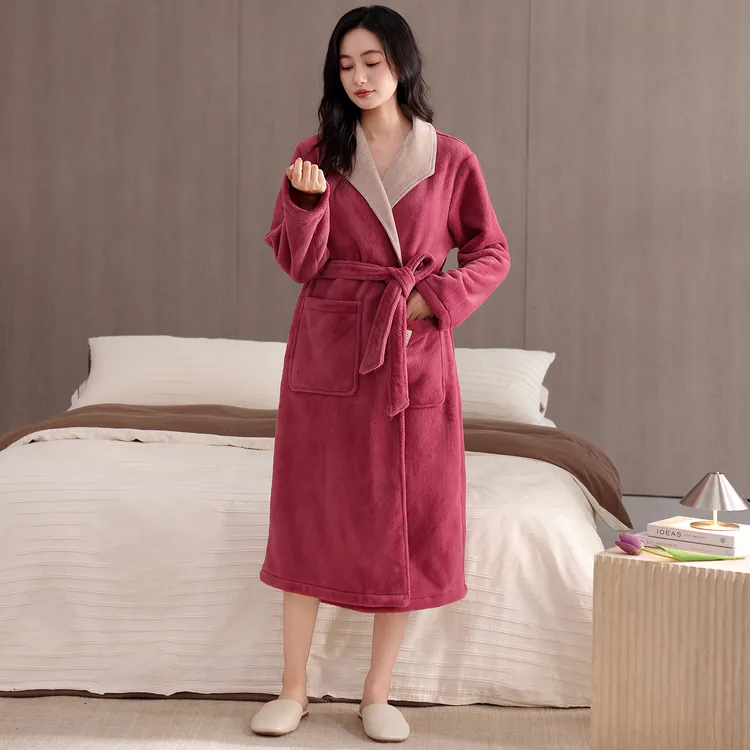 芬腾可安睡袍女冬季加厚珊瑚绒中长款睡衣女性感加绒法兰绒浴袍