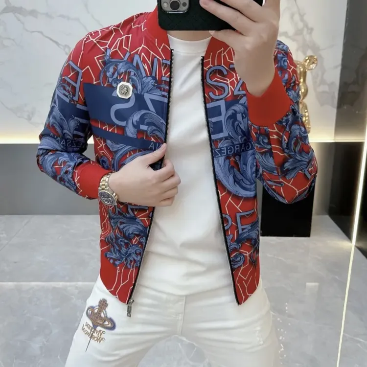 2025春季新款欧货时尚网红印花潮流修身帅气短款立领夹克外套男潮