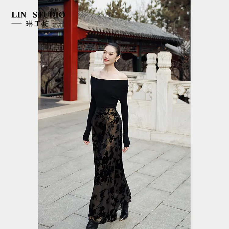 【桑蚕丝】琳工坊“诗涵”黑金半裙气质优雅新中式复古唐琳设计师