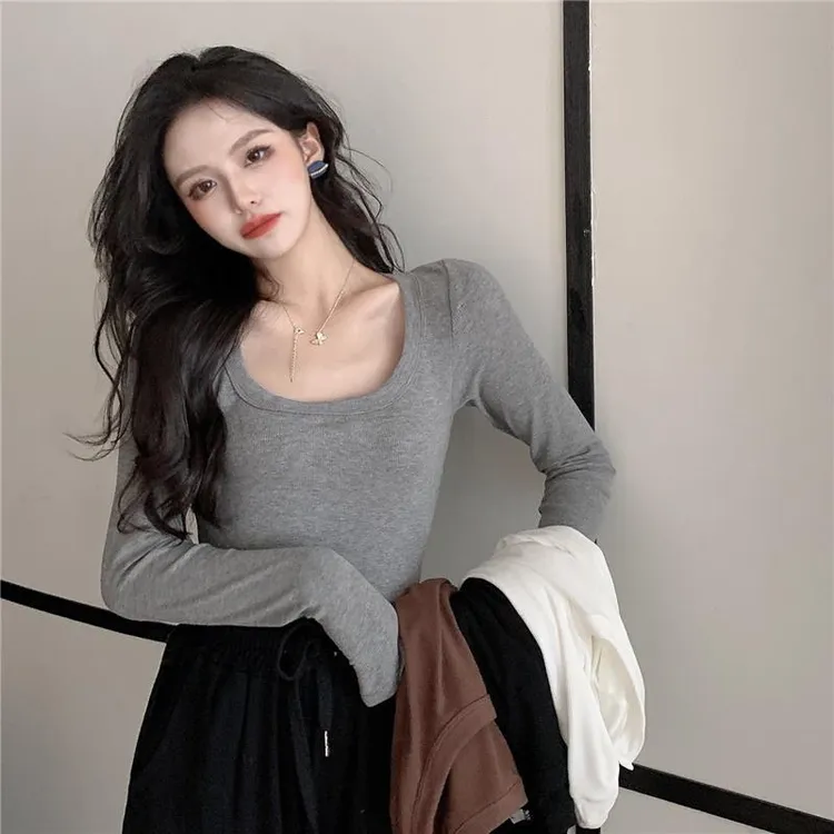 涤纶90%韩版长袖t恤女早秋新款上衣ins百搭显瘦修身高级感别致漂