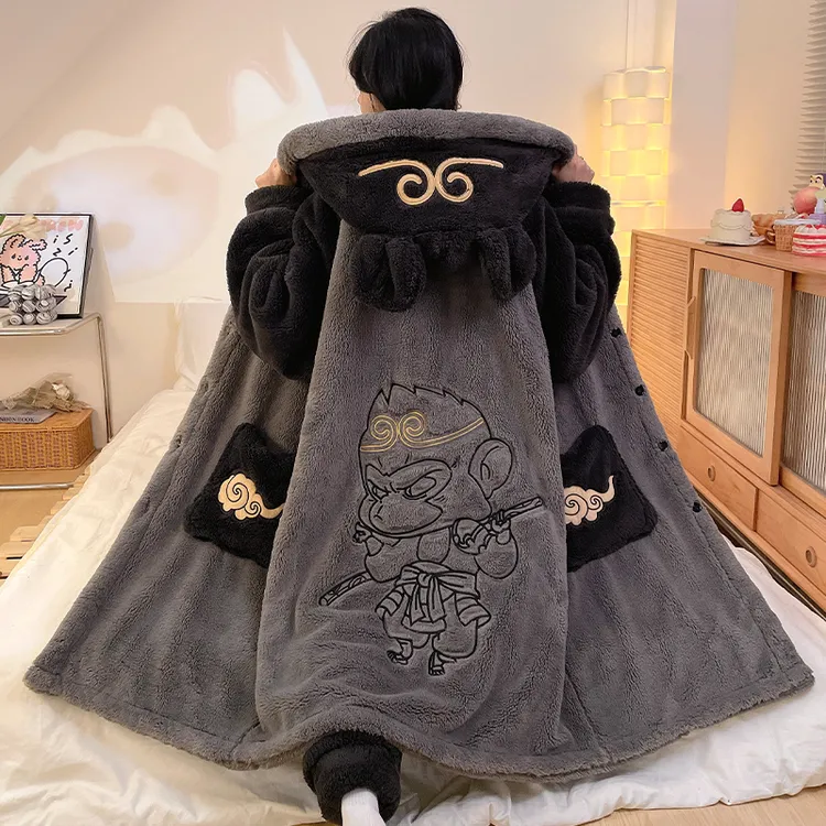 冬季睡袍长款珊瑚绒加绒加厚睡衣女冬天法兰绒可爱大码家居服套装