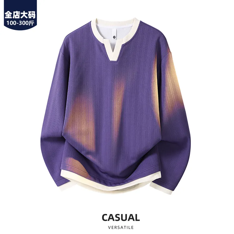 胖胖森大码美式慵懒风假两件卫衣男春秋款潮流休闲宽松v领上衣服