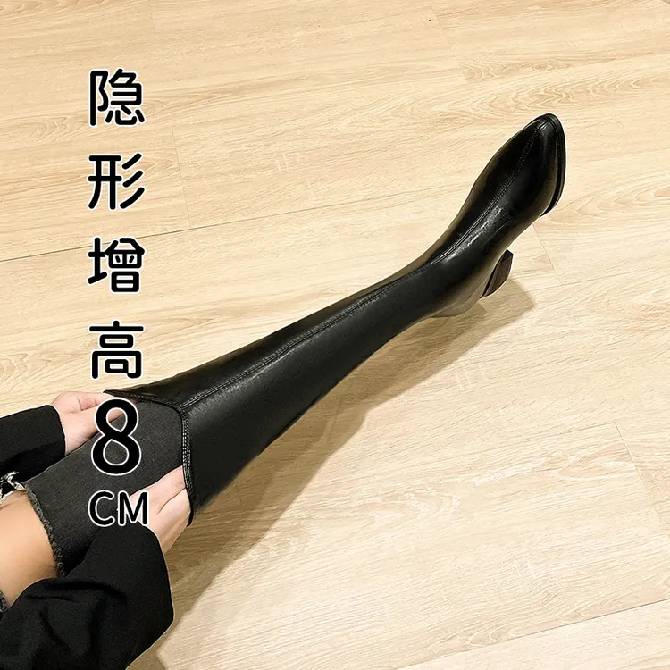 真皮粗跟长筒靴女2025新款小个子内增高筒西部牛仔尖头骑士长靴子