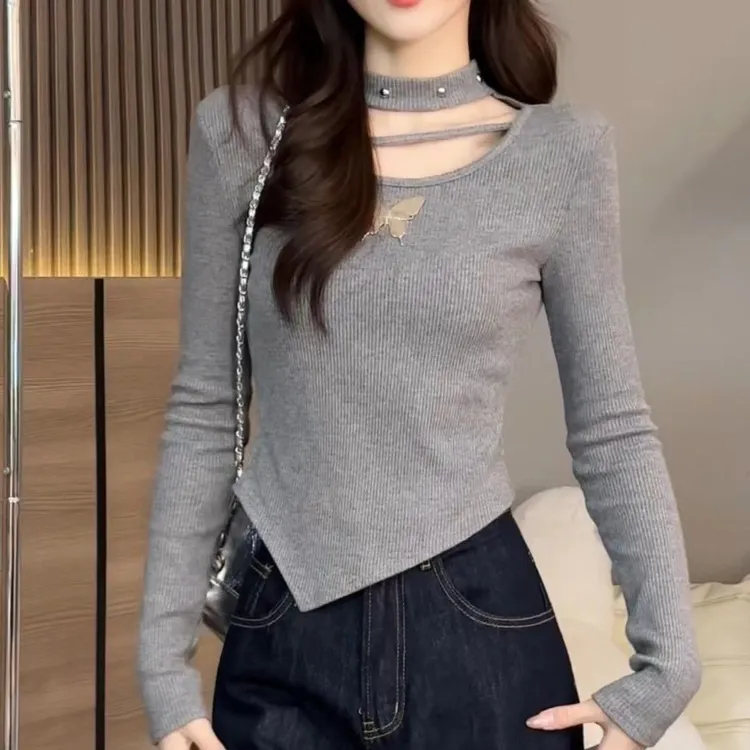大码不规则设计感长袖T恤女2025秋冬新款宽松显瘦遮肉上衣打底衫