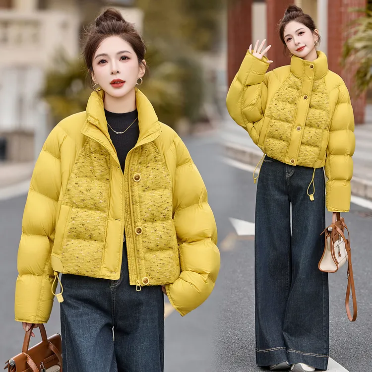 韩版小个子立领拼接羽绒服女2025冬季新款洋气时髦白鸭绒短款外套