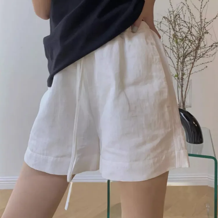 白色棉麻短裤女夏季大码胖mm显瘦高腰休闲宽松a字水洗棉阔腿裤ins